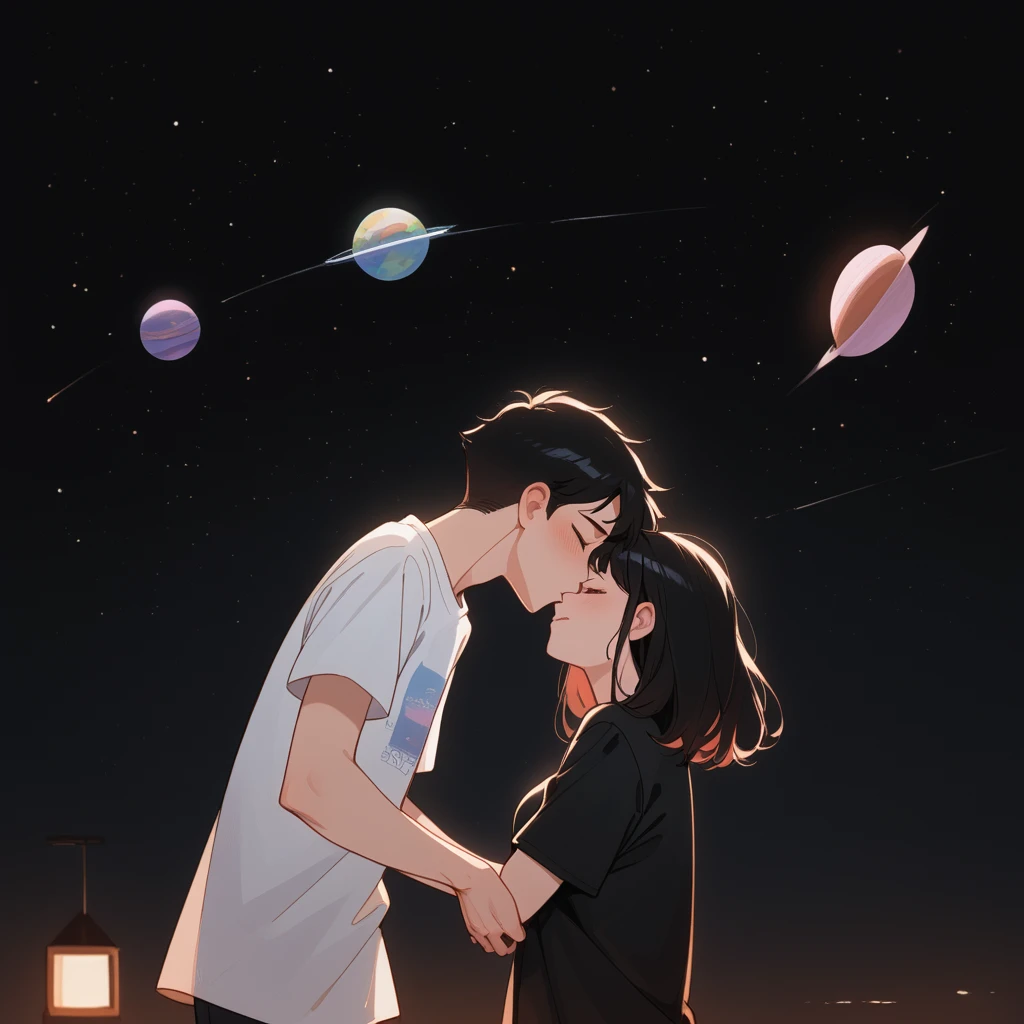 they are поцелуи in front of a galaxy and big planet ночью, big pink planet in the background, поцелуи together cutely, couple поцелуи, They are in love, taken at night, big planet in the background, boy and girl, girl with black hair, ((guy in a white t-shirt))