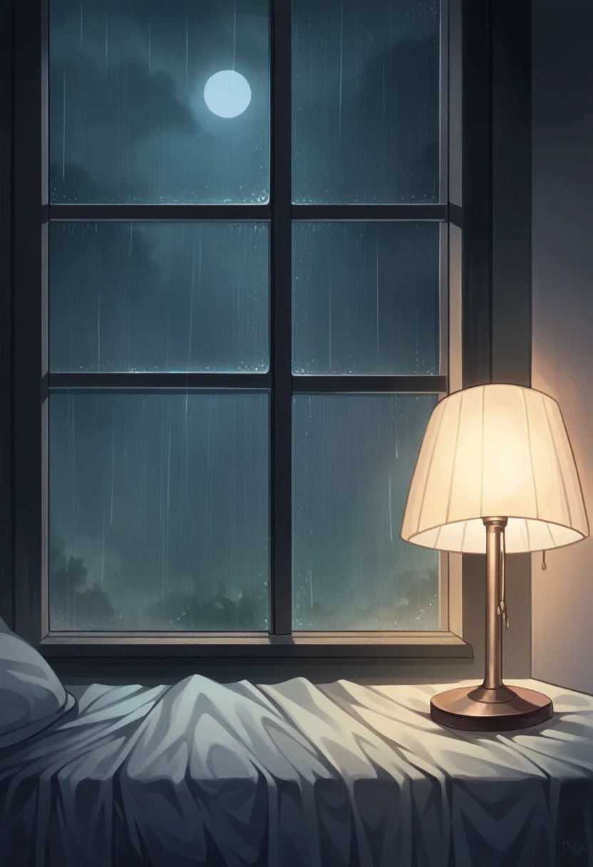 arafed bed in a dark room with a window and a lamp, dimly lit bedroom, dark bedroom, rainy night, gloomy weather. hyperrealistic, raining at night, late night raining, it is night and raining, inspired by Gregory Crewdson, rainy evening, moody night time scene, calm night. digital illustration, rainy stormy night, stormy weather at night
