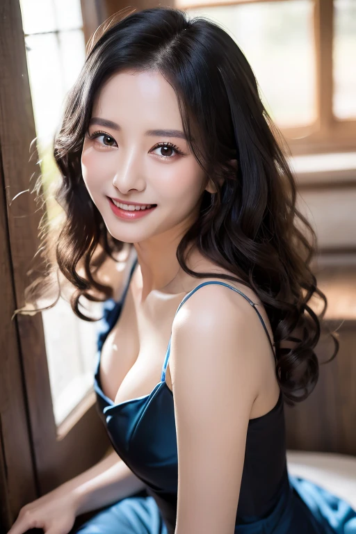 One Mature Woman, ((8K, born, masterpiece: 1.5)), (Professional photography, sharp:1.2), Bust up shot、Perfect dynamic composition, (Natural sunlight), (Soft Shadows), (Perfect body:1.4), (((Thin body type))), ((Huge round breasts: 1.3)), (((((Long black curly hair))))), Highly detailed face and skin, Perfect Japan, White skin, (Delicate skin:1.4), (Latex Skin:0.4), (Perfect glowing skin:0.6), Light brown eyes, Beautiful Eyes, Round eyes, Alluring face, Glossy Lips, Sparkling Eyes, Perfectly balanced face, Really moisturized skin, Refined expression, (((Big smile for the camera))), looking at the camera, Refined expression, Minimalist, ((((Blue Gown))))