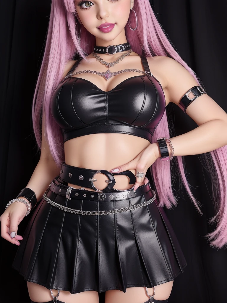big belts, gothic miniskirt,big lips, huge lips, enormous lips, injected lips, bimbo lips, purple lips, pink lips, grin,Kawaii, cute, pretty, anime, pastel, neon, crop top, bracelet hoops,