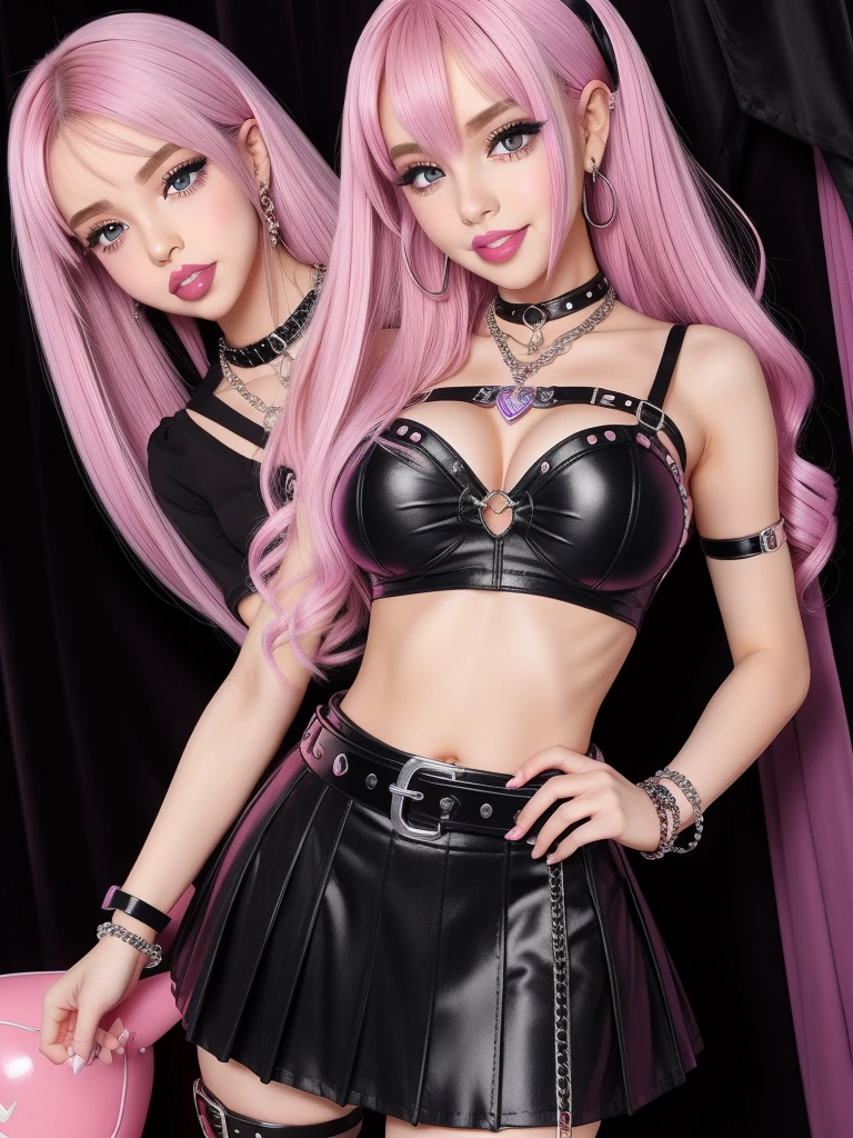 big belts, gothic miniskirt,big lips, huge lips, enormous lips, injected lips, bimbo lips, purple lips, pink lips, grin,Kawaii, cute, pretty, anime, pastel, neon, crop top, bracelet hoops, 