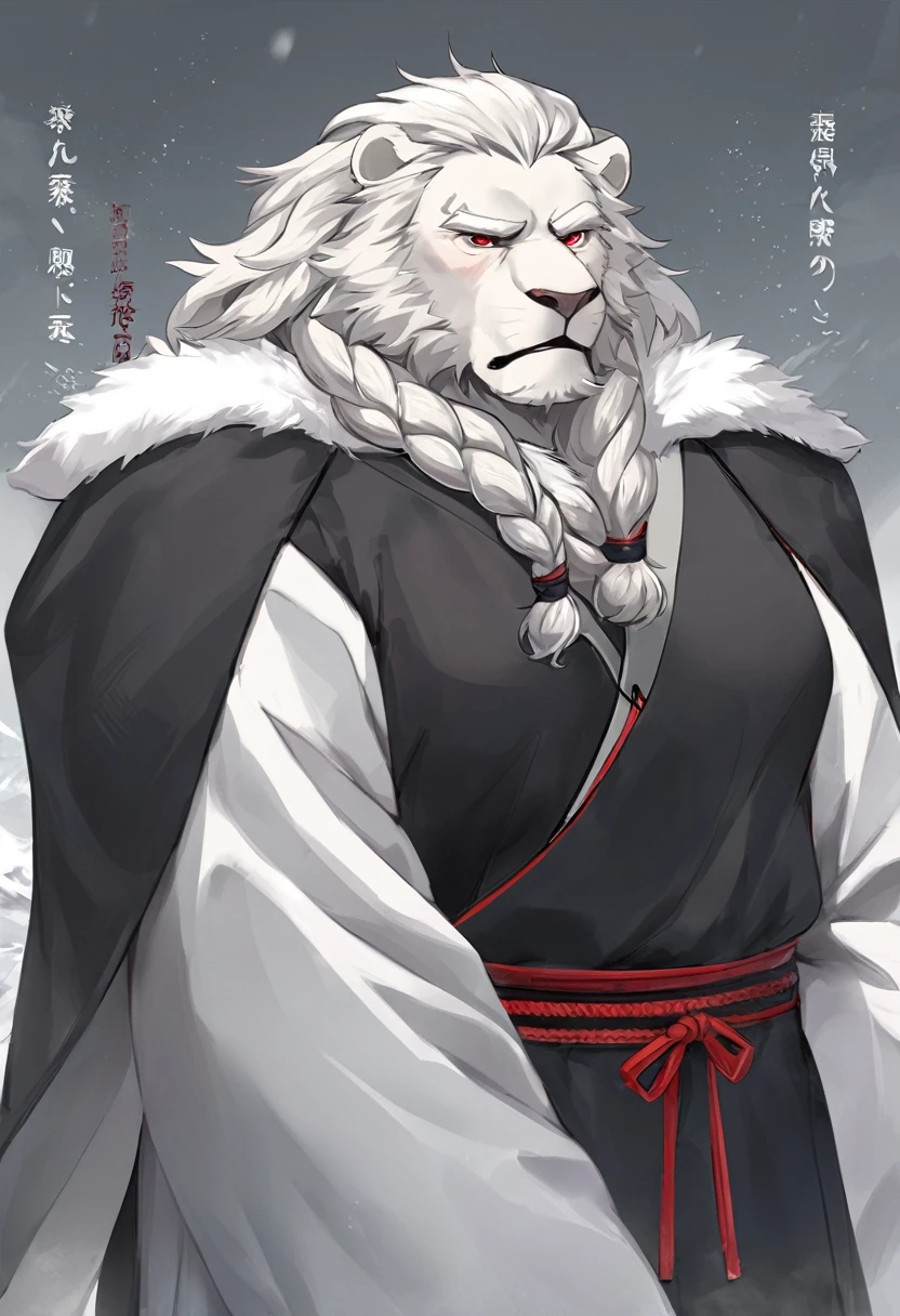 White lion,personification,Mature male,Strong Man,White hair,Cold expression,Red pupil,Gray eyebrows,Braids,Black Hanfu,Standing far away。