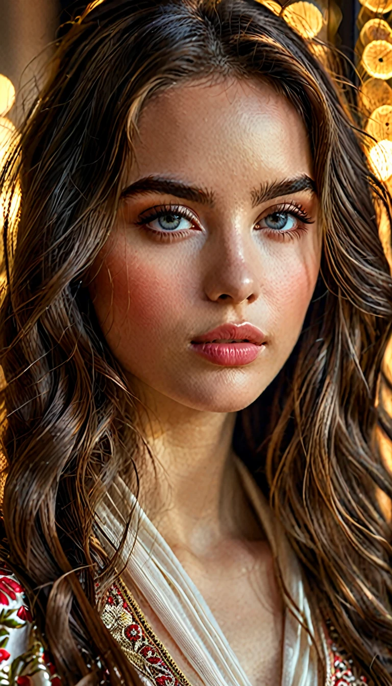 a woman, 1girl, beautiful detailed eyes, beautiful detailed lips, extremely detailed face and skin, long wavy hair, elegant, graceful, serene expression, delicate features, (best quality,8k,highres,masterpiece:1.2),ultra-detailed,realistic,photo-realistic:1.37,cinematic lighting,dramatic lighting,cinematic composition,moody atmosphere,warm color palette,glowing skin
