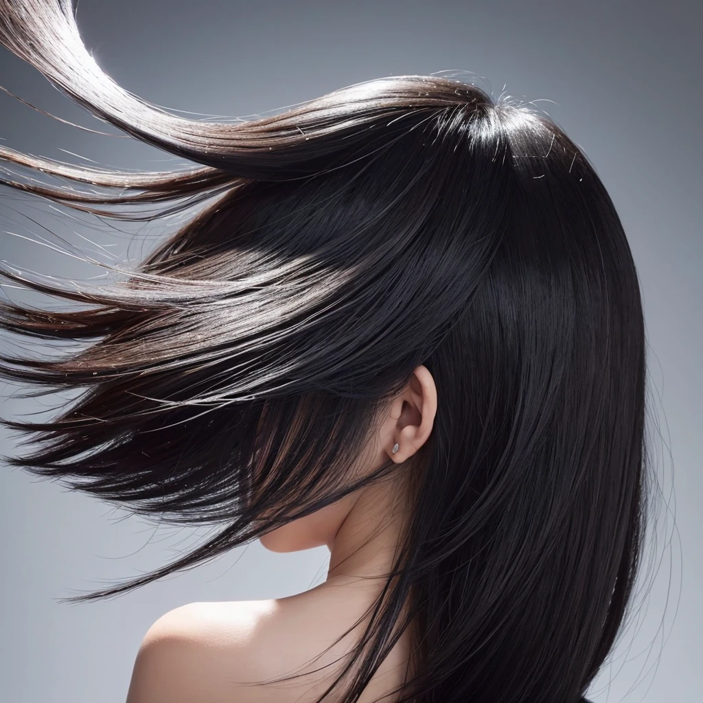 High quality, real photo, Japanese, black hair, shiny, beauty salon commercial, constant light intensity, only hair swaying, hair swaying in the wind, back view, silver background, hair length the same, only hair