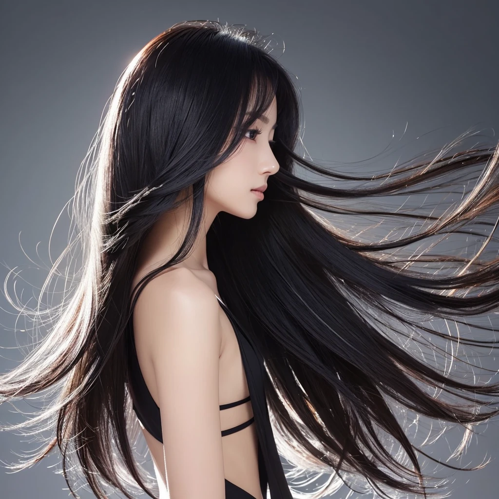 High quality, real photo, Japanese, black hair, shiny, beauty salon commercial, constant light intensity, only hair swaying, hair swaying in the wind, back view, silver background, hair length the same, only hair