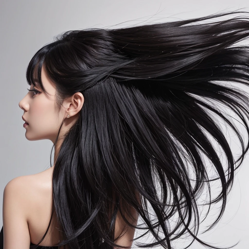 High quality, real photo, Japanese, black hair, shiny, beauty salon commercial, constant light intensity, only hair swaying, hair swaying in the wind, back view, silver background, hair length the same, only hair