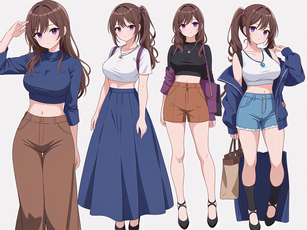 (((Best Quality))) , ((full body)), 4 lady, adult woman, multiple views, (((white background,))) variety of hairstyles, variety of fashion styles, seductive pose, fashionable and trendy atmosphere, holding bag, walk pose, dark blue/dark orange/dark green/dark violet/brown/white, short pants, crop top, k-pop,