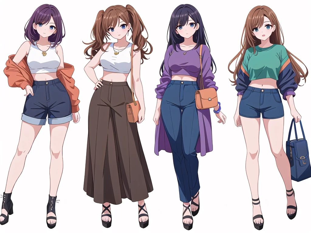 (((Best Quality))) , ((full body)), 4 lady, adult woman, multiple views, (((white background,))) variety of hairstyles, variety of fashion styles, seductive pose, fashionable and trendy atmosphere, holding bag, walk pose, dark blue/dark orange/dark green/dark violet/brown/white, short pants, crop top, k-pop,