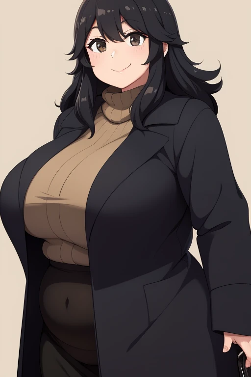 Plump year 21 big breasts black hair brown eyes chubby happy longer hair smile black coat