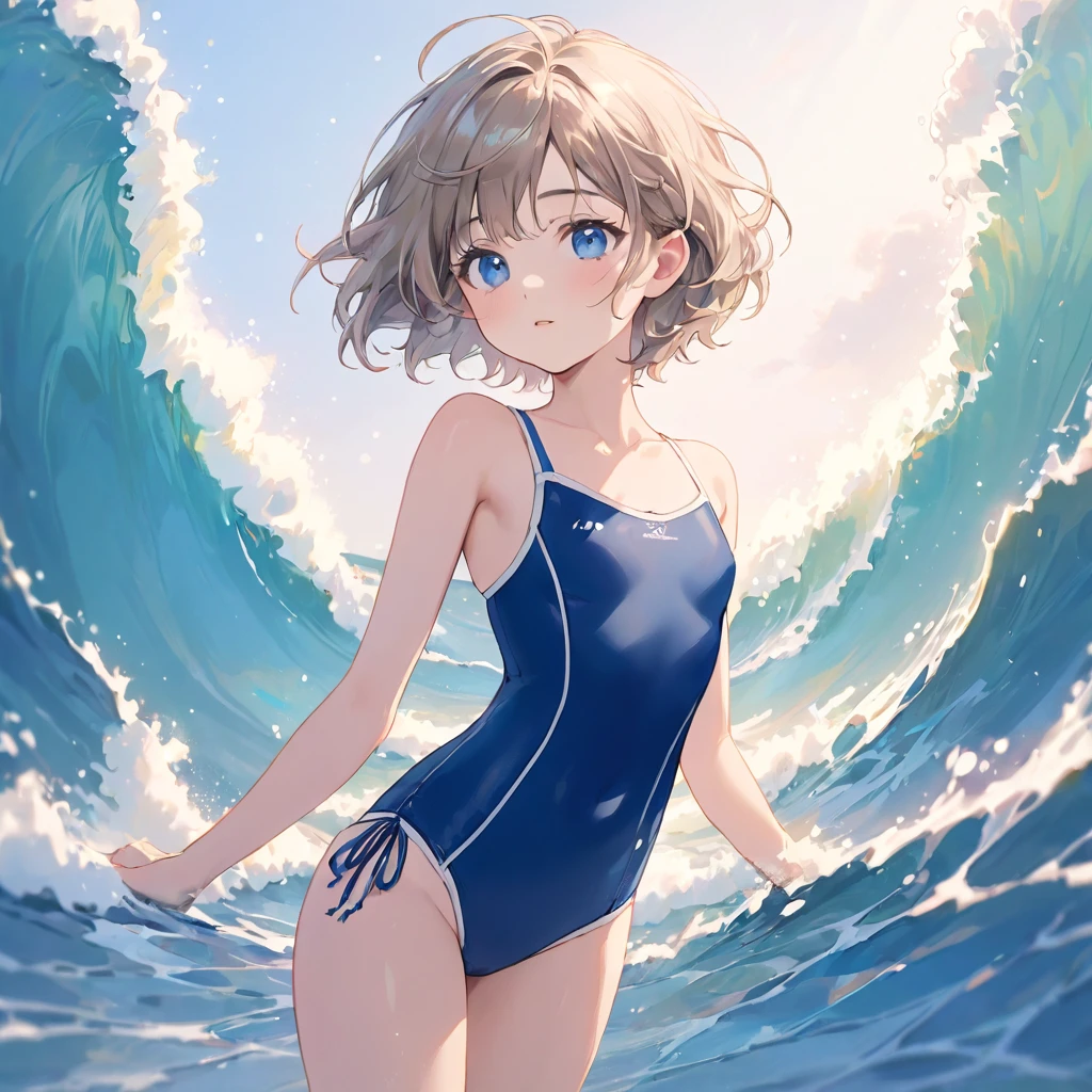 {{{Masterpiece}}}, {{{Best Quality}}}, {{ultra-detailed}},{{an extremely delicate and beautiful}}, Best Quality, detailed,1 girl,whole body,((((18 years)))),by rubio, wavy fur,short hair small breasts,Skinny, White skin, Blue eyes,((((school swimsuit))))