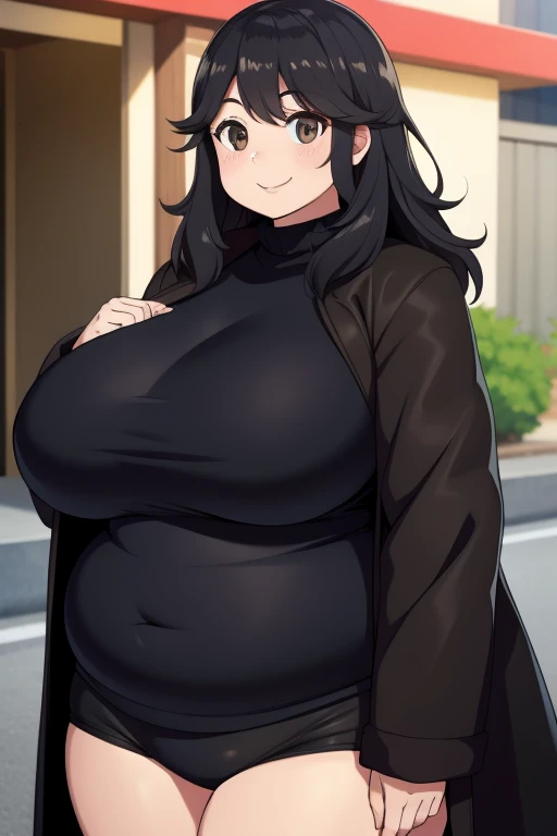 Plump year 21 big breasts black hair brown eyes chubby happy longer hair smile black coat