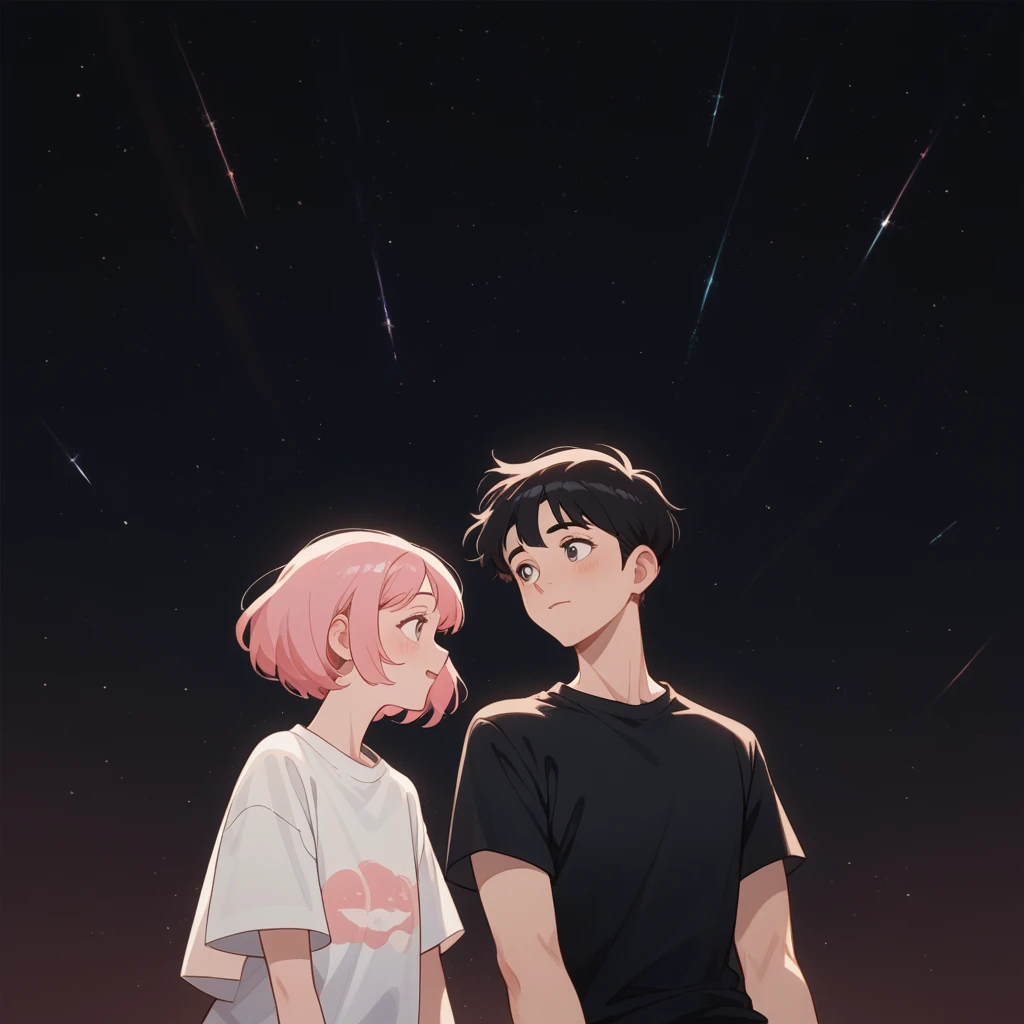 they are поцелуи in front of a galaxy and big planet ночью, big pink planet in the background, поцелуи together cutely, couple поцелуи, They are in love, taken at night, big planet in the background, boy and girl, girl with black hair, ((guy in a white t-shirt))