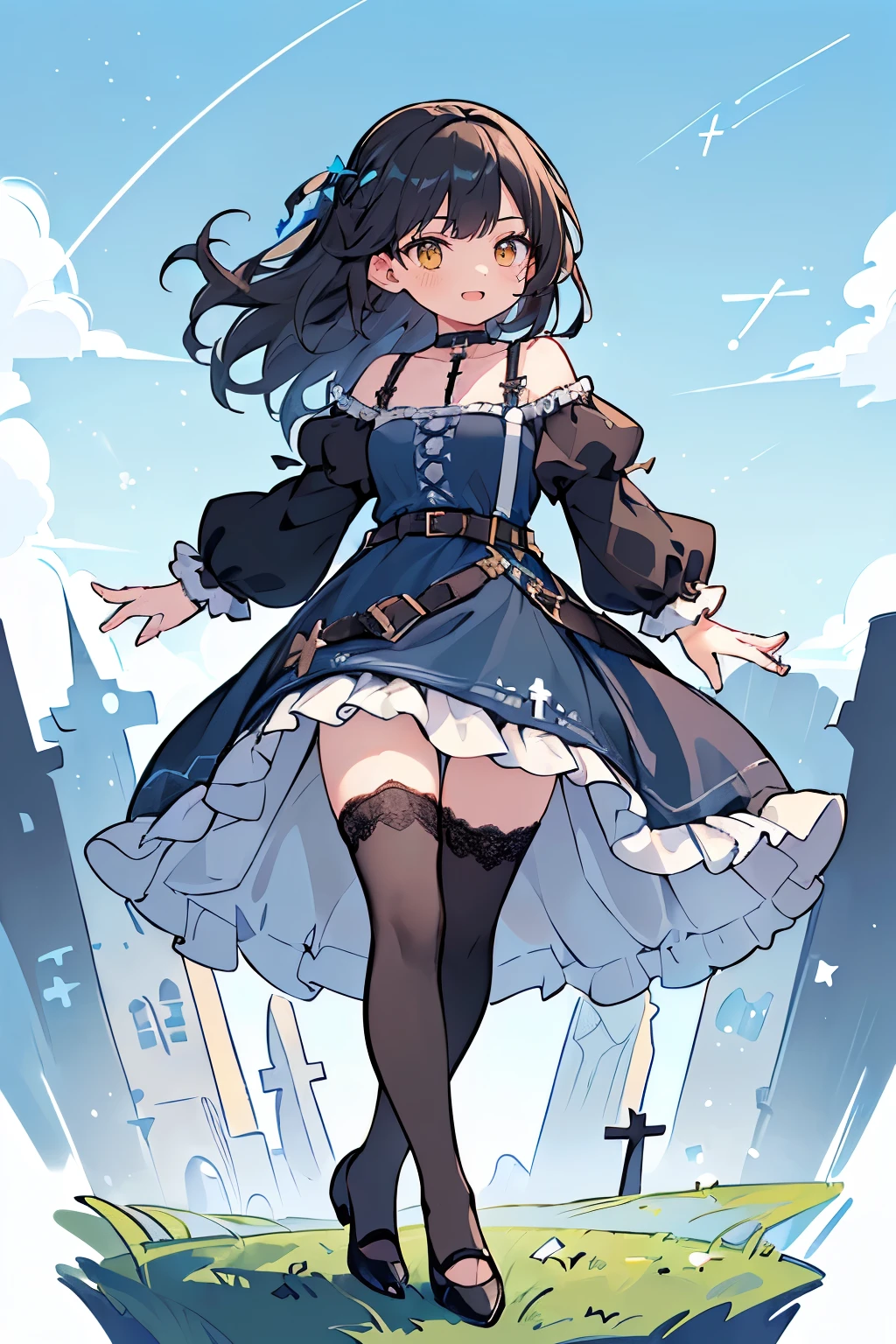 1 girl, solo, full body, standing, background with((celtic world, irish world, beautiful sky, shining sky, sunshine, castle, horizon)), girl with(((medium hair, long hair, one side up:1.15), (perfect hands, five fingers:1.15), (camisoles, suspenders, belt, blue clothes, cross, choker, collarbone, dress, wind blowing dress, lace dress, frills camisoles, off-shoulder sleeves, half-sleeves, black pumps, , white legwear, single thighhigh, thighhighs, black pumps, black footwear:1.2)))