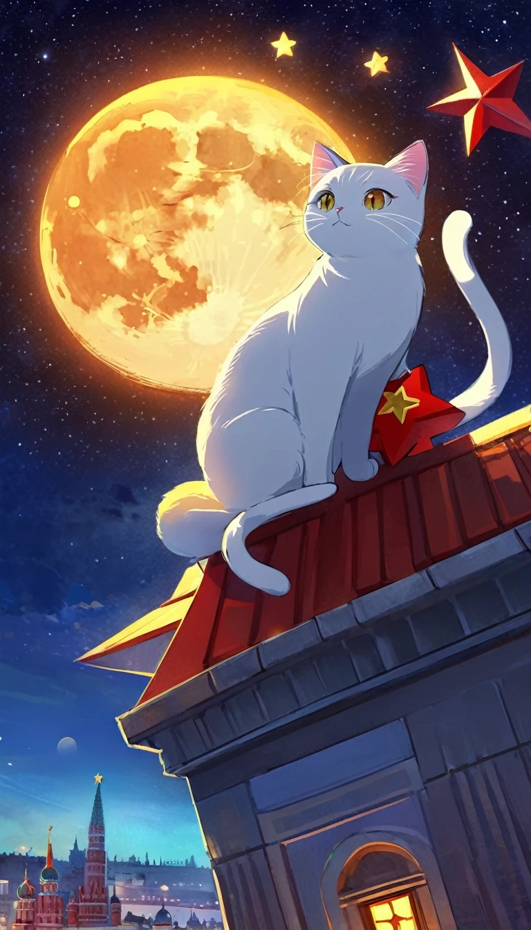 1communist cat, red star, magic, fantastic, night sky, moon, stars, background, Moscow (art inspired in Bill Sienkiewicz). oil painting)