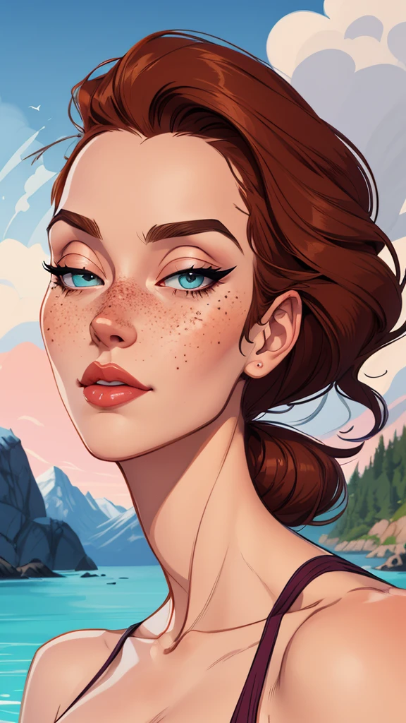 Beautiful portrait mode pose Cartoon character in dynamic pose two women together with freckles on their faces Disney princess Queen Anna of Arendelle with 1,60cm on the left and together with a symmetrical body and beautiful breasts, well-defined body, delicate and sensual, cartoon style, digital illustration Portrait mode a close up of two women Cartoon style digital illustration in bikinis in front of a mountain, artegerm e lois van baarle, artegerm e atey ghailan, uniform model | artegerm, artegerm e Genzoman, artegerm comic, as seen in artegerm, artegerm e wlop, artegerm and rossdraws style digital illustration cartoon style