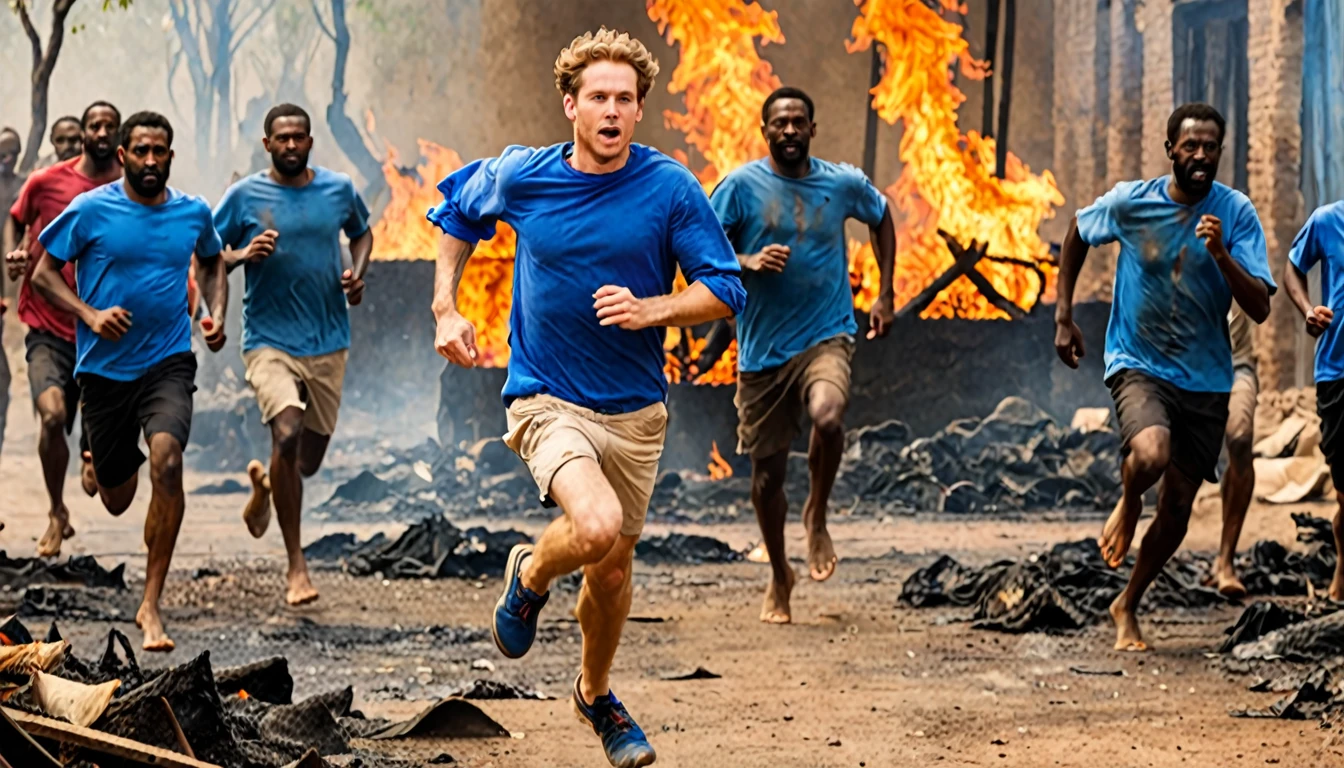 1 white man running, with blue shirt in rags, in hell