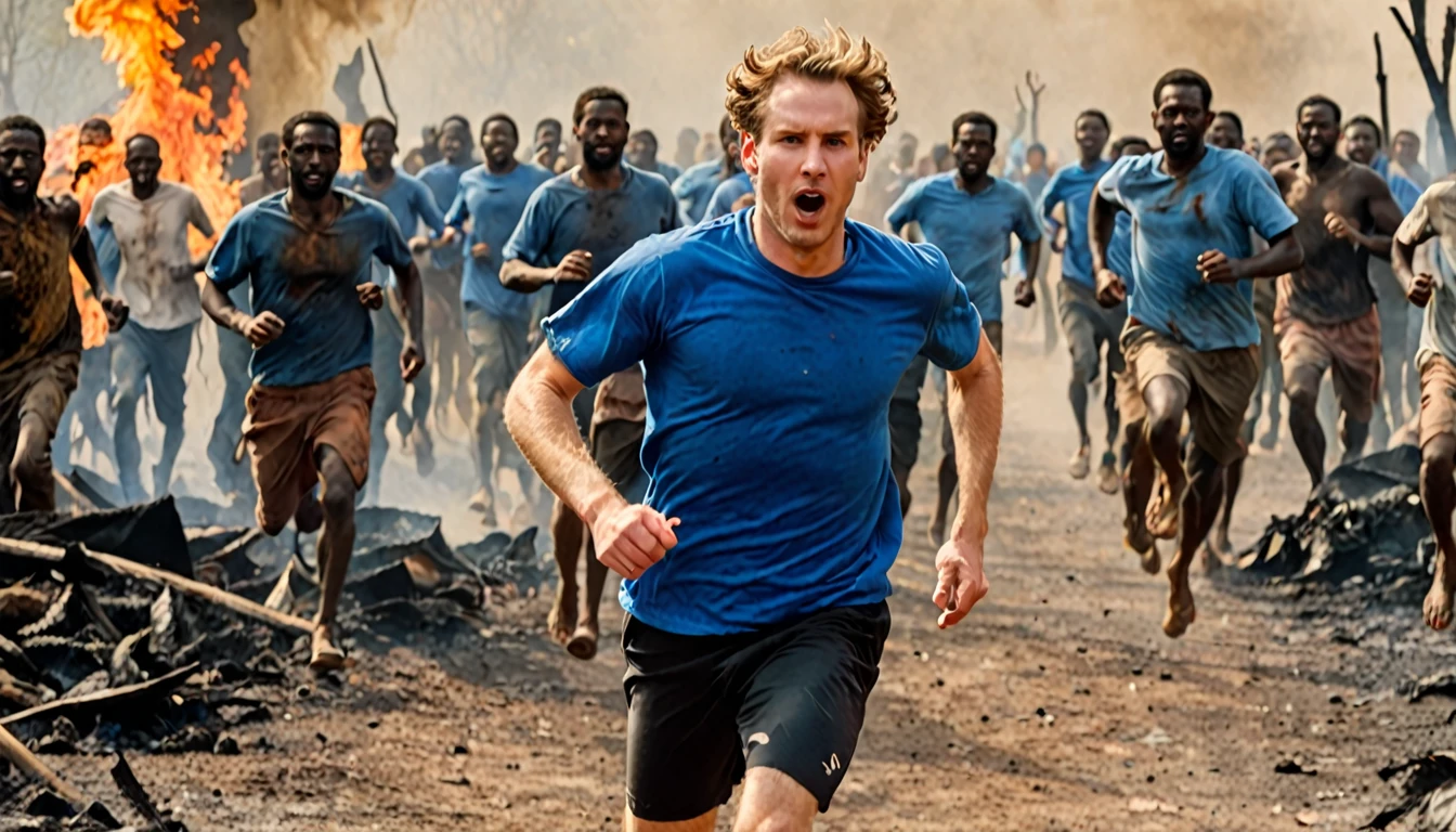 1 white man running, with blue shirt in rags, in hell