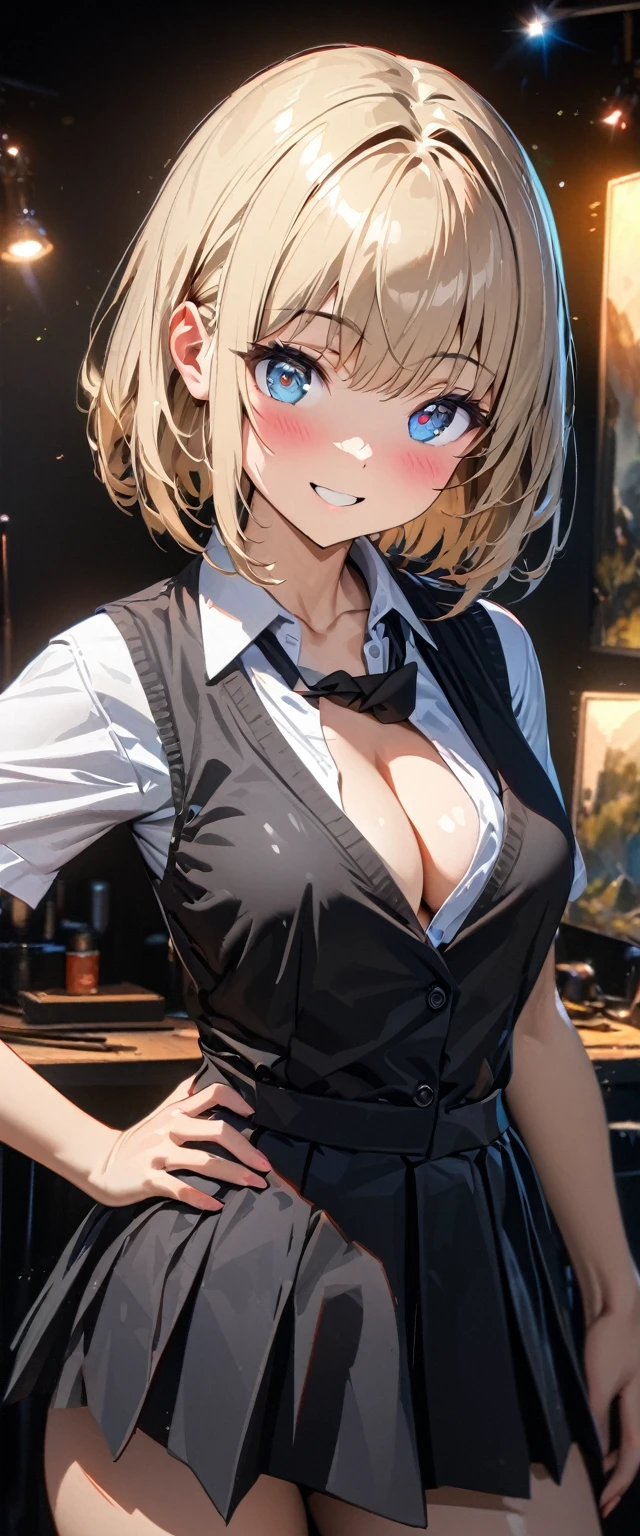 (((One girl))), blond hair, bob cut, (cowboy shot), (looking at viewer), (cleavage), face in focus, teenager, head tilt:1.3, (((blue eye))), ((happy smile)), ((blush)), contrapposto, one hand on hip, school summer uniform, white shirts, ((black tie under the waistcoat)), skirt, black waistcoat, anime style, (best quality, 4k, 8k, highres, masterpiece:1.2, ultra-detailed, ultra-detailed eyes, HDR, UHD, studio lighting, ultra-fine painting, sharp focus, physically-based rendering, extreme detail description, professional, vivid colors, bokeh)

