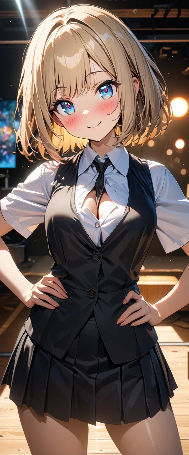 (((One girl))), blond hair, bob cut, (cowboy shot), (looking at viewer), (cleavage), face in focus, teenager, head tilt:1.3, (((blue eye))), ((happy smile)), ((blush)), contrapposto, one hand on hip, school summer uniform, white shirts, ((black tie under the waistcoat)), skirt, black waistcoat, anime style, (best quality, 4k, 8k, highres, masterpiece:1.2, ultra-detailed, ultra-detailed eyes, HDR, UHD, studio lighting, ultra-fine painting, sharp focus, physically-based rendering, extreme detail description, professional, vivid colors, bokeh)

