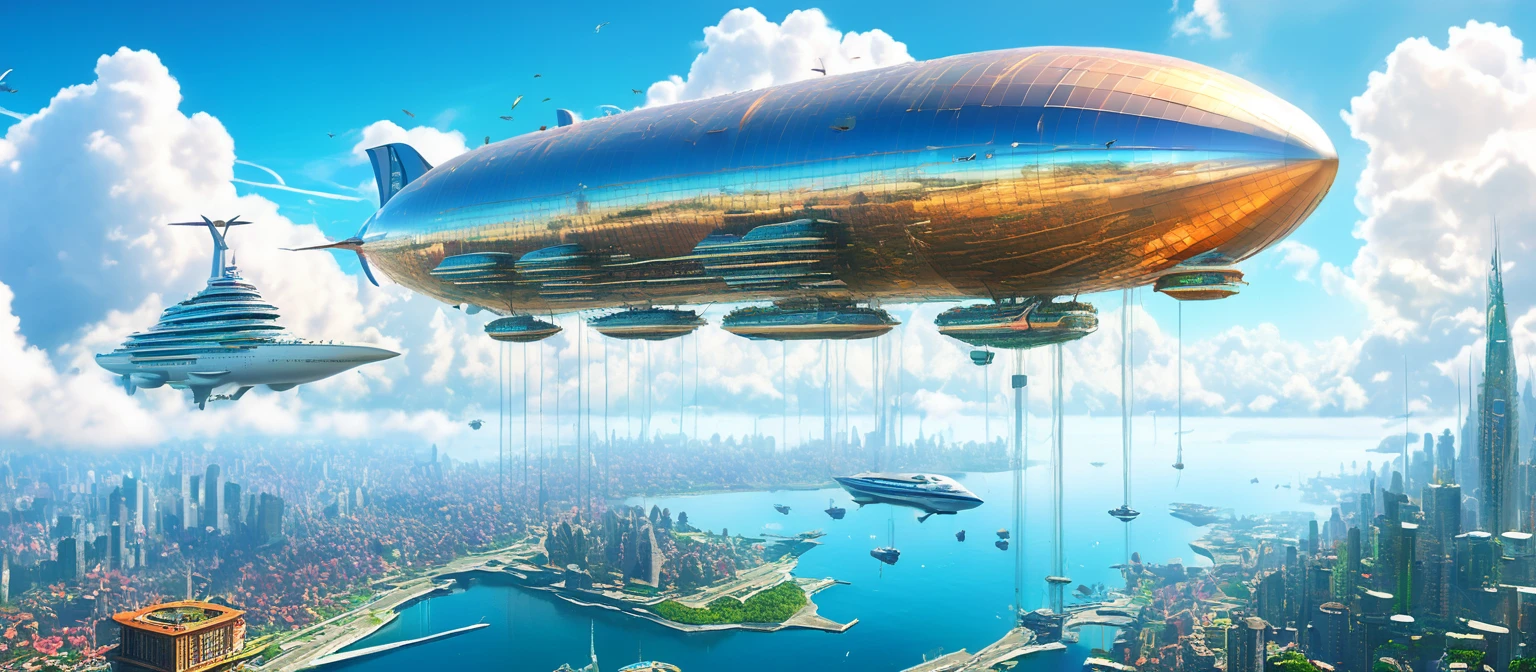 A high quality digital art of a floating city in the clouds, with airships, that dock on sky-high platforms and clouds, which serve as roads, futuristic, fantastical, High altitude, extremely detail. The picture shows the city with intricate micro details, which are visible even at 4K resolution. The scene captures the essence of a futuristic world where technology meets fantasy, everything at high altitude. The floating city impresses with its diverse architecture, Seamlessly combine modern and imaginative elements. The airships are lively and dynamic, give the artwork a sense of movement and energy. The clouds are represented as ethereal paths, meanders in a fascinating way through the sky-high platforms. This detailed and fantastical piece of art is sure to transport viewers to a dazzling world above the clouds.