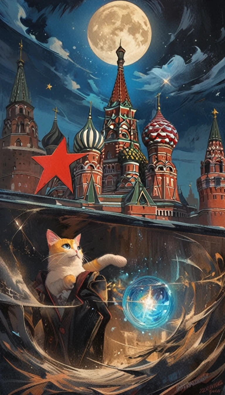 1communist cat, red star, magic, fantastic, night sky, moon, stars, background, Moscow (art inspired in Bill Sienkiewicz). oil painting)
