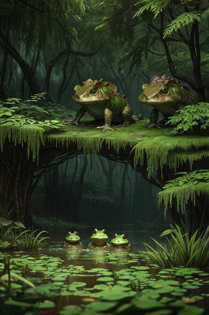 Small humanoid toads hiding in the bushes in the swamps fantasy art style