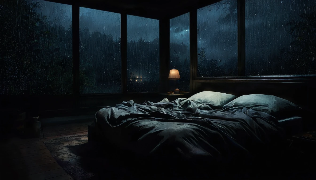 arafed bed in a dark room with a window and a lamp, dimly lit bedroom, dark bedroom, rainy night, gloomy weather. hyperrealistic, raining at night, late night raining, it is night and raining, inspired by Gregory Crewdson, rainy evening, moody night time scene, calm night. digital illustration, rainy stormy night, stormy weather at night