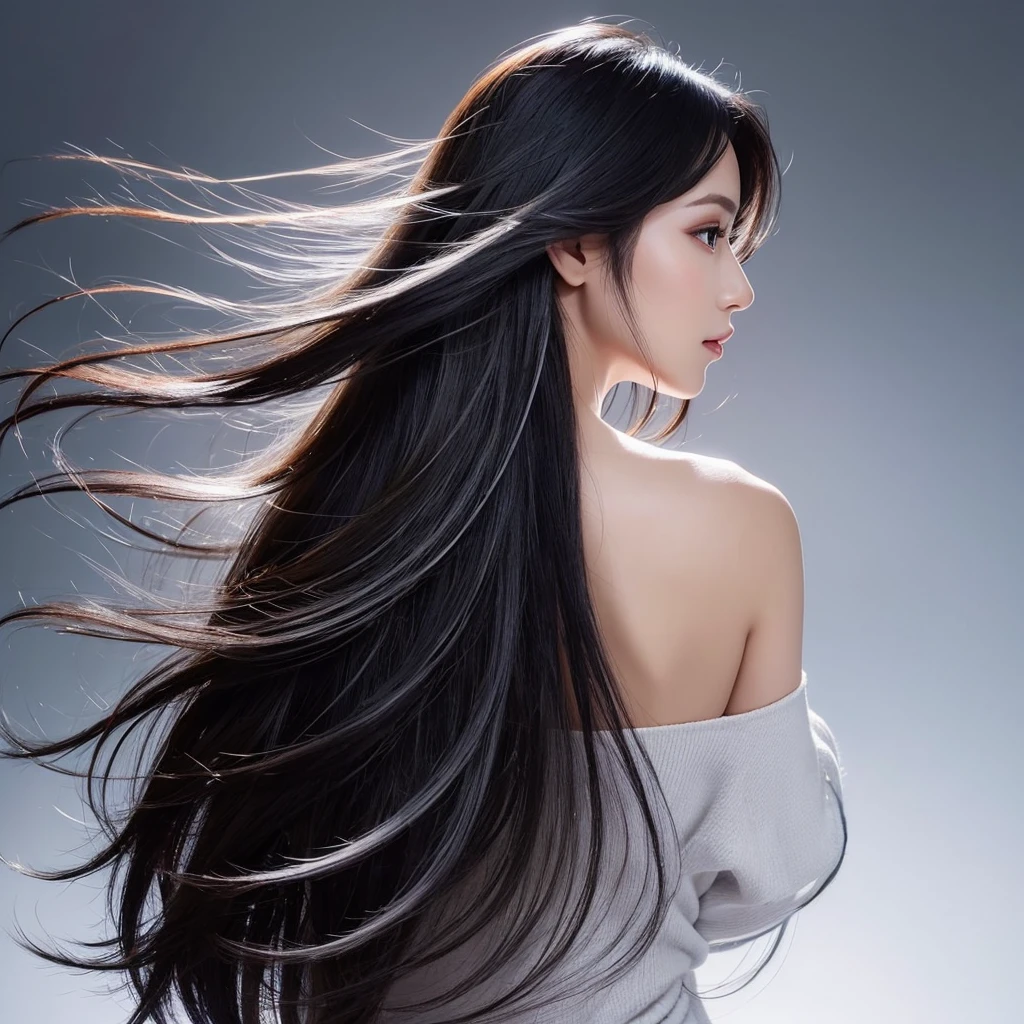 High quality, real photo, Japanese, black hair, shiny, beauty salon commercial, constant light intensity, only hair swaying, hair swaying in the wind, back view, silver background, hair length the same, only hair