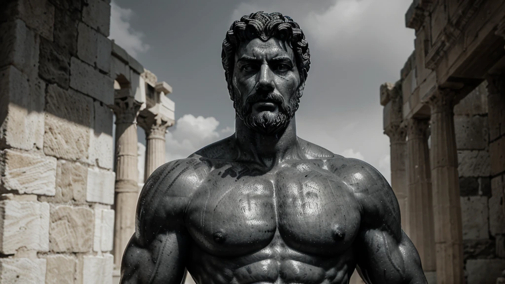 a portrait statue of the stoic Marcus Aurelius in black and white 4K, Super realistic ANCIENT GREEK RUINS, fully body, corpo stark, brawny, stark, wearing no shirt, tronco stark, stark, wearing no shirt, strong arms, 8K, ultra realisitic, cinematographic