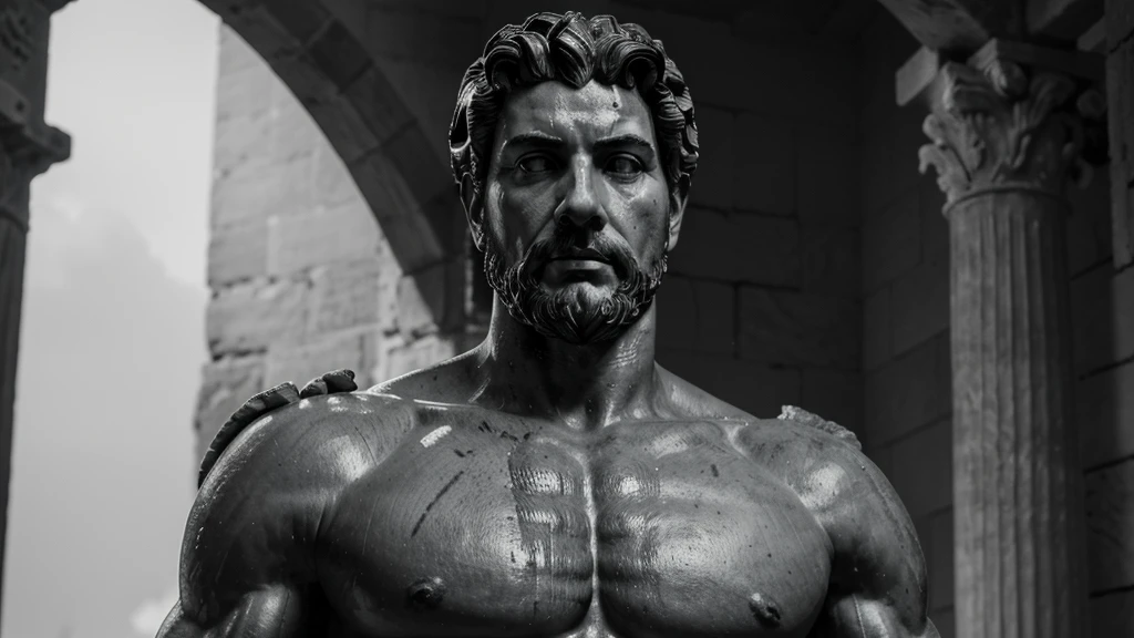 a portrait statue of the stoic Marcus Aurelius in black and white 4K, Super realistic ANCIENT GREEK RUINS, fully body, corpo stark, brawny, stark, wearing no shirt, tronco stark, stark, wearing no shirt, strong arms, 8K, ultra realisitic, cinematographic