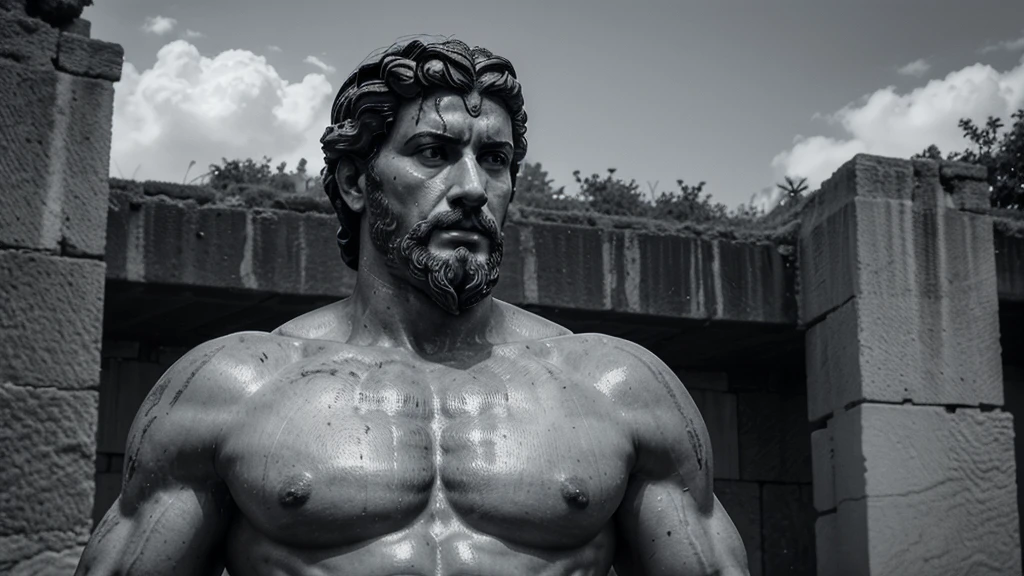 a portrait statue of the stoic Marcus Aurelius in black and white 4K, Super realistic ANCIENT GREEK RUINS, fully body, corpo stark, brawny, stark, wearing no shirt, tronco stark, stark, wearing no shirt, strong arms, 8K, ultra realisitic, cinematographic