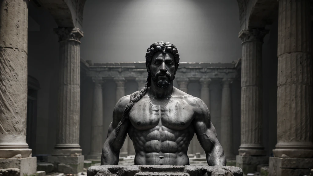 a portrait statue of the stoic Marcus Aurelius in black and white 4K, Super realistic ANCIENT GREEK RUINS, fully body, corpo stark, brawny, stark, wearing no shirt, tronco stark, stark, wearing no shirt, strong arms, 8K, ultra realisitic, cinematographic