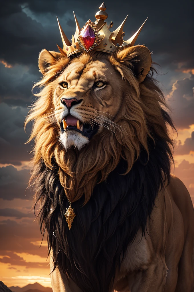 a realistic depiction of an angry lion wearing a majestic crown, wild and untamed mane, fierce intense eyes, ornately decorated crown with precious gems and detailed engravings, dark stormy sky background, photorealistic style, high detail, vivid colors