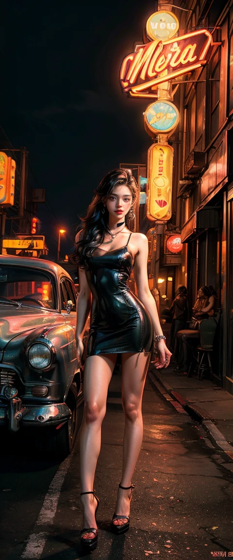 ((Masterpiece, of the highest quality, Maximum image quality, high resolution, photorealistic, photo and gross, 8k)), Aerial view of a motel with a car parked in front of it., with neon signs, A woman waiting for a guest in front of a motel., seduction, short dress and high heels, Route 6 6, neon signs, 1 9 5 0 s turismo americano, some have neon signs, Neon lights outside, neon advertisements, gigantic neon signs, neon shops, Lt. Arnie Swekel, few neon signs, neon signs in background,