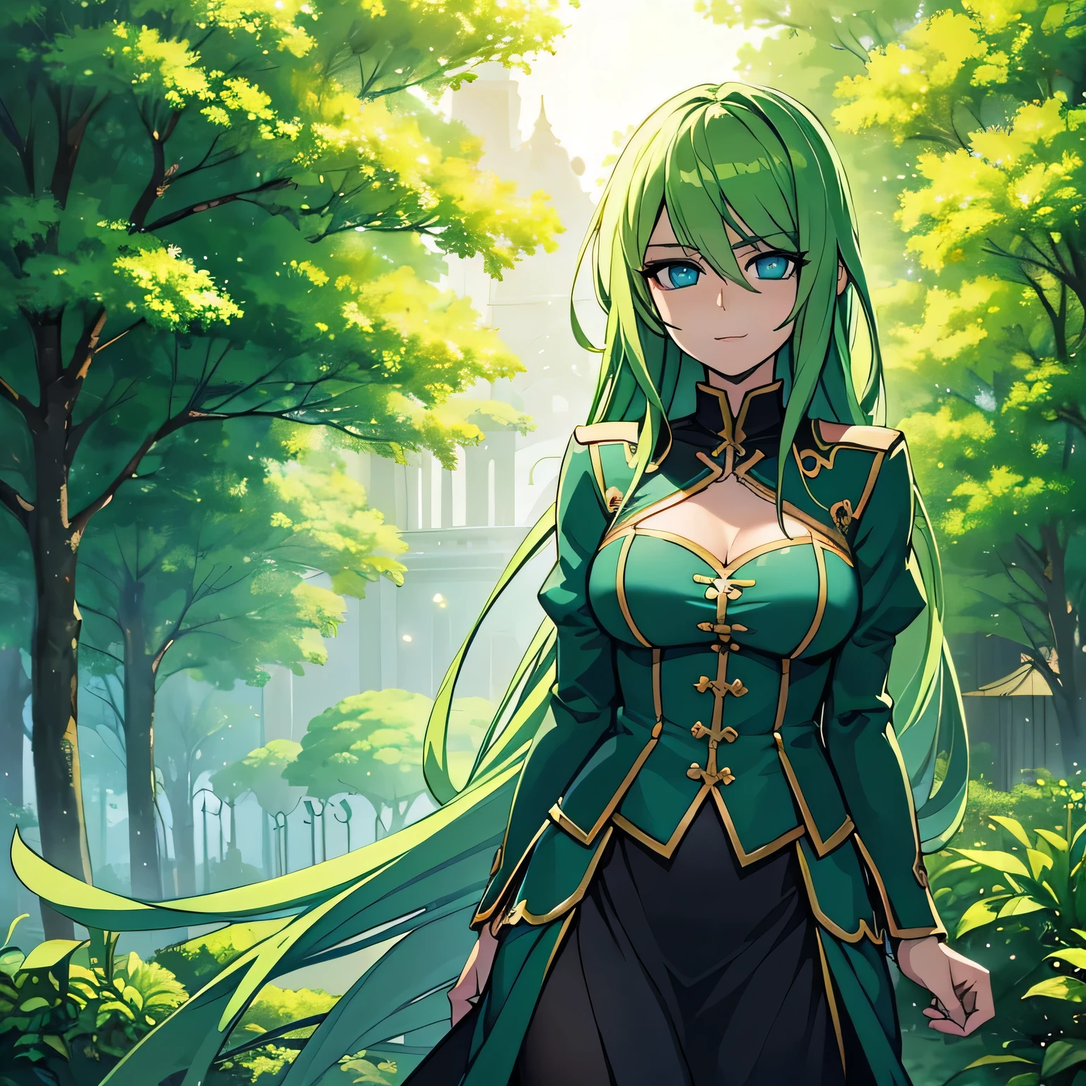 A beautiful anime girl, long Green hair, vibrant Blue eyes, innocent girl, detailed facial features, highly detailed, 8k, photorealistic, digital painting, dramatic lighting, cinematic, elegant, dramatic, fantasy, surreal, Garden background 4k,
