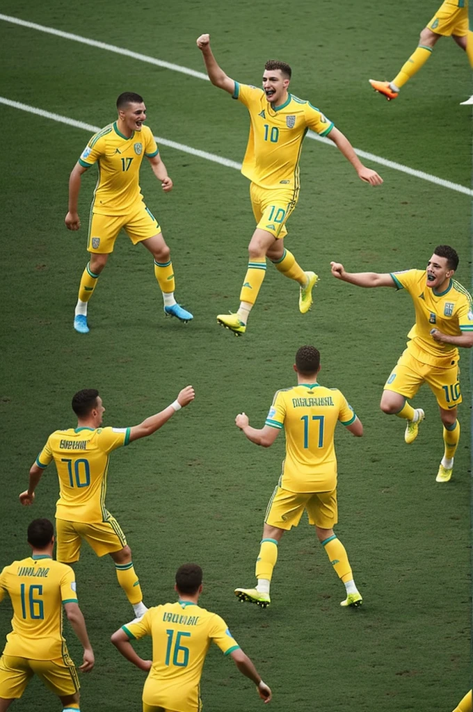 generates a player from Ukraine celebrating the goal with his teammates on a soccer field, against Portugal