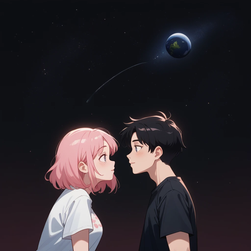 they are поцелуи in front of a galaxy and big planet ночью, big pink planet in the background, поцелуи together cutely, couple поцелуи, They are in love, taken at night, big planet in the background, boy and girl, girl with black hair, ((guy in a white t-shirt))