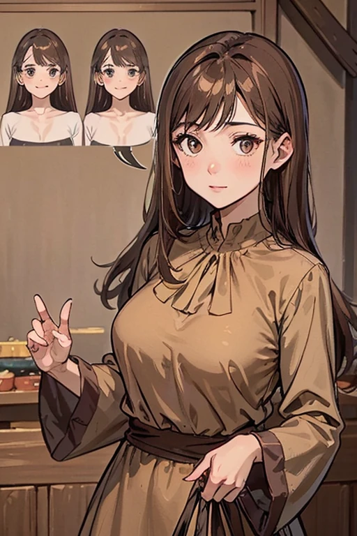 A selection of various facial expresions, straight haired brunette adult female, wearing loose brown dress, warm brown colored shirt with low neckline and cuffed sleeves, medieval, brown hair, large long shaped tits, silly personalty, cute happy demeanor, sunny disposition, deredere, character sprite sheeet, reference sheet, model sheet