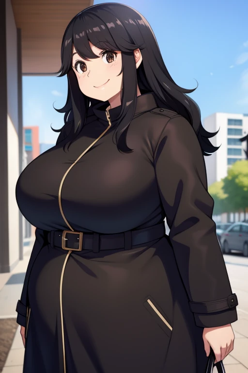 Plump year 21 big breasts black hair brown eyes chubby happy longer hair smile black coat