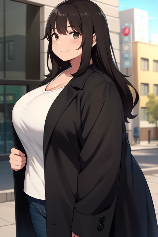 Plump year 21 big breasts black hair brown eyes chubby happy longer hair smile black coat