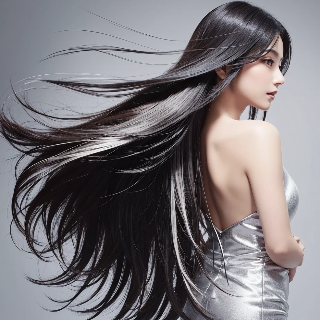 High quality, real photo, Japanese, black hair, shiny, beauty salon commercial, constant light intensity, only hair swaying, hair swaying in the wind, back view, silver background, hair length the same, only hair