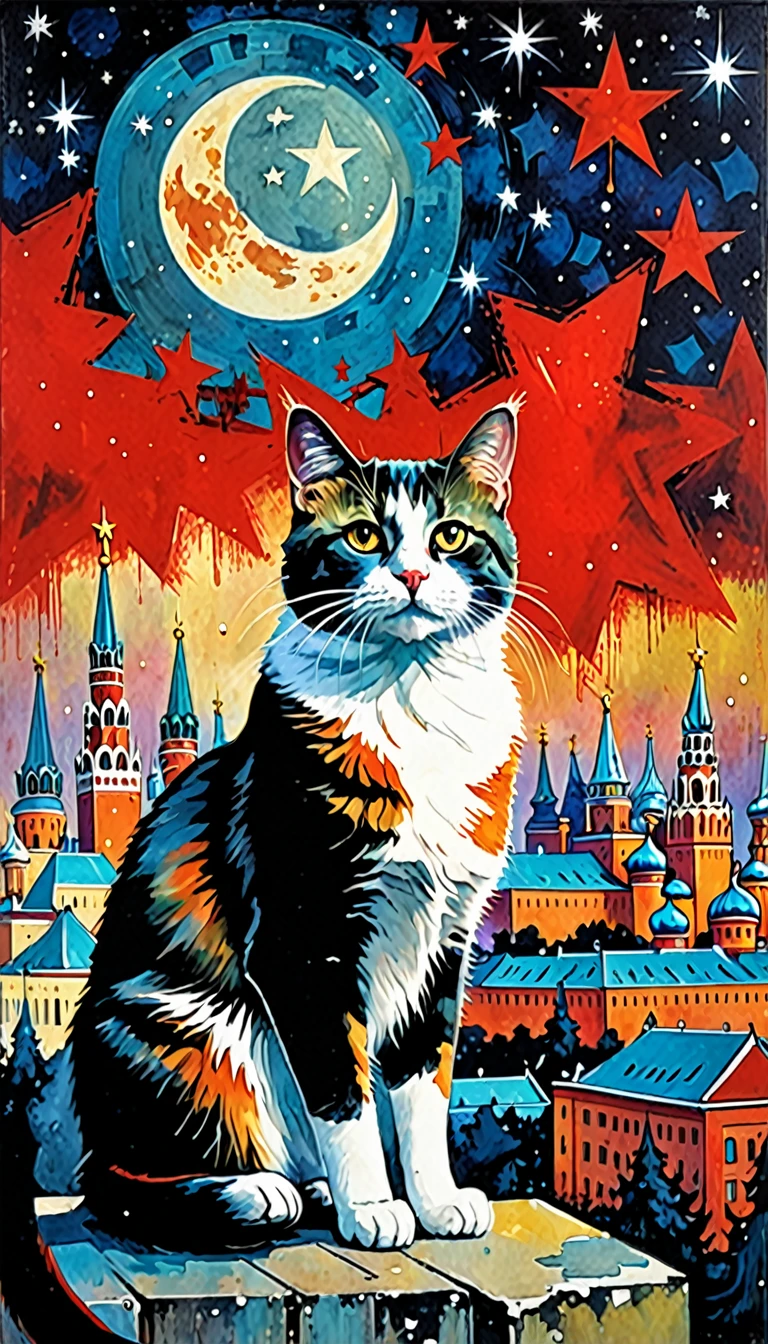 1communist cat, red star, magic, fantastic, night sky, moon, stars, background, Moscow (art inspired in Bill Sienkiewicz). oil painting)
