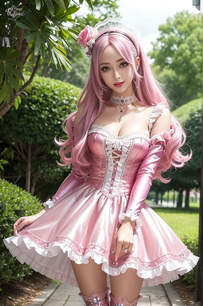 sexy stylish Swedish model, only 1 female, ((doll-like appearance)), long neon pink stylish hair, ((shiny Victorian-Style boots)), (big smile), ultra detailed eyes, very detailed eye makeup, lipgloss, long lashes, defined eyebrows, ((sexy Paradise Kiss cosplay)), bell-shaped skirt, petticoats, high neckline, puffed sleeves, ((ultra detailed lace)), ((ultra detailed embroidery)), intricate details, Paradise Kiss accessoires and matching headpiece, choker, ((large sparkling Paradise Kiss jewelry)), cinematic light, detailed large park background with trees