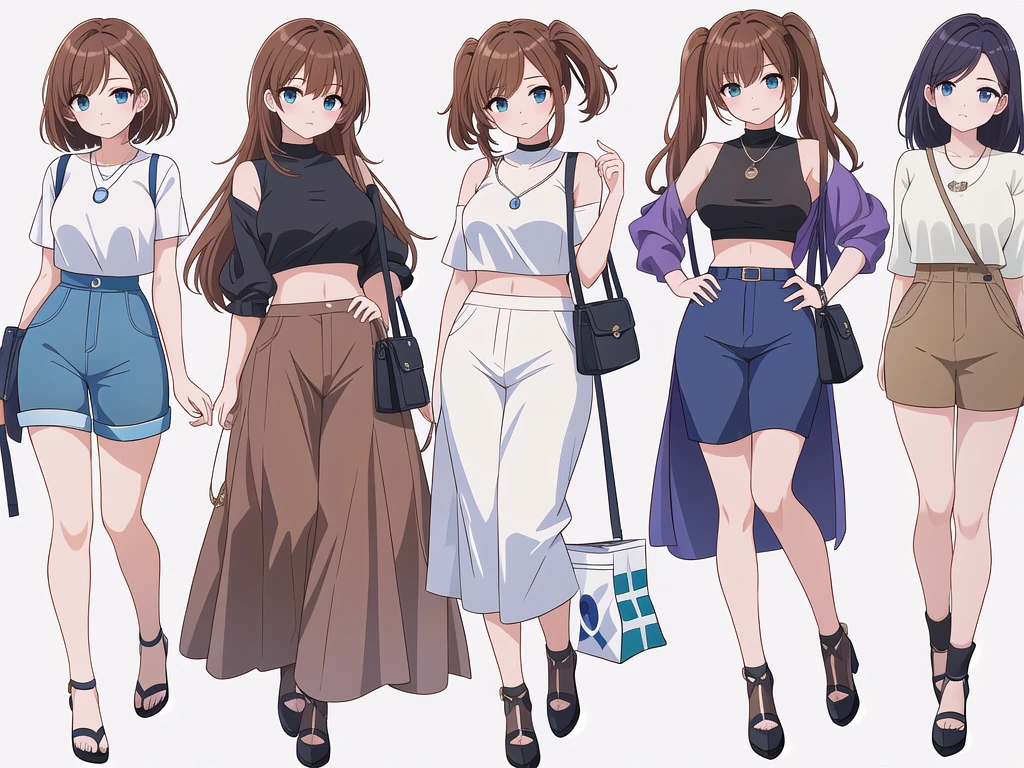 (((Best Quality))) , ((full body)), 4 lady, adult woman, multiple views, (((white background,))) variety of hairstyles, variety of fashion styles, seductive pose, fashionable and trendy atmosphere, holding bag, walk pose, dark blue/dark orange/dark green/dark violet/brown/white, short pants, crop top, k-pop,
