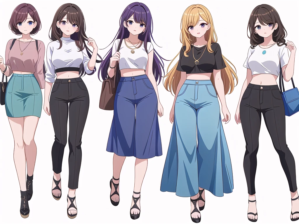 (((Best Quality))) , ((full body)), 4 lady, adult woman, multiple views, (((white background,))) variety of hairstyles, variety of fashion styles, seductive pose, fashionable and trendy atmosphere, holding bag, walk pose, dark blue/dark orange/dark green/dark violet/brown/white, short pants, crop top, k-pop,