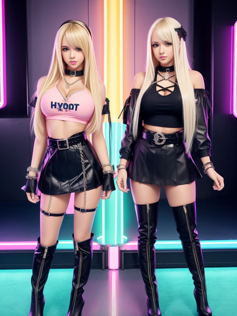 2 girls,  An American woman、blond long straight hair、Female sexy、 huge breasts, Knee-high boots with a high platform,big wide belts, leg belts, chains , big belts, gothic miniskirt,big lips,  cute, pretty, anime, pastel, neon, crop top, bracelet hoops, 
