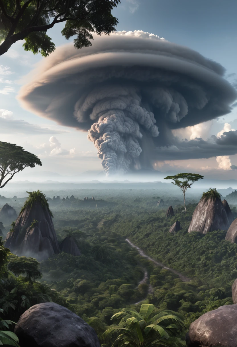 A wide range panoramic shot of looking over the canopies of jungle trees to an ashen cloud very far in the distance, pyroclastic cloud in the far distance, very few spits of magma boulders, 8k resolution, highly detailed matte painting, realistic, HDR, DSLR,