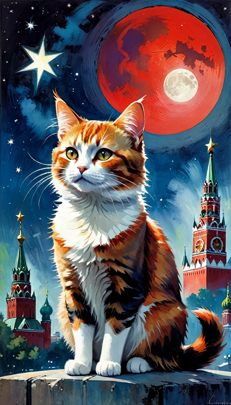 1communist cat, red star, magic, fantastic, night sky, moon, stars, background, Moscow (art inspired in Bill Sienkiewicz). oil painting)