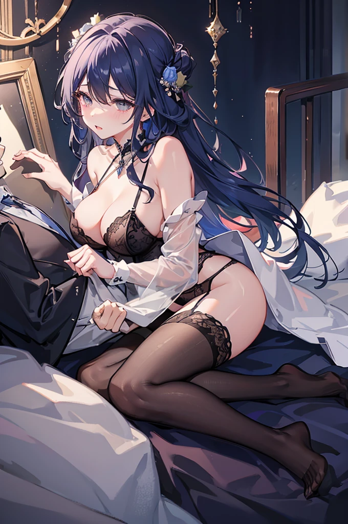 NSFW、A man and a woman having sex on a bed、A man inserting his penis into a woman、Woman with legs open in bed、Semen is spilling from her crotch、lingerie dress、garter belt、I can see your chest、Long Hair