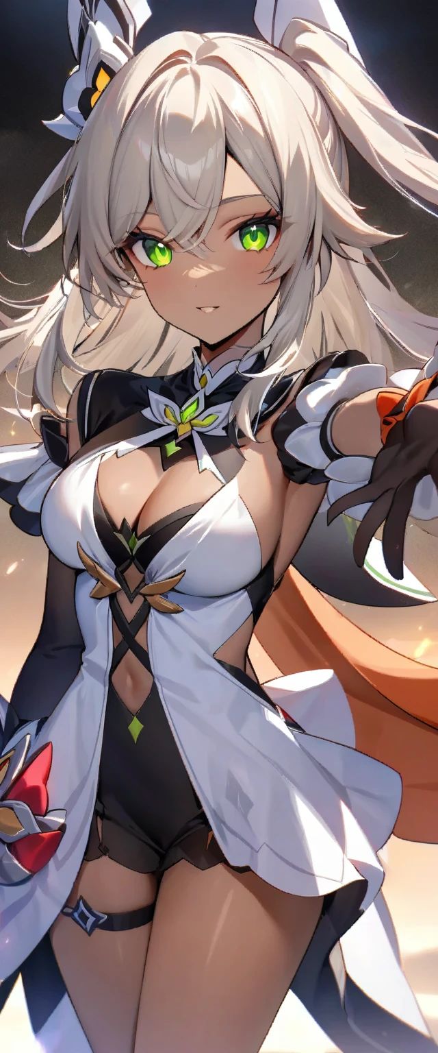 (masterpiece), best quality, expressive eyes, perfect face,1girl,score_9,score_8_up,score_7_up, arm_behind_back, brown_hair, cropped_legs, dark-skinned_female, detached_sleeves, green_eyes,brown hair, grey hair streak, hair_ornament, highres, looking_at_viewer, female_focus, multicolored_hair,orange cape,outstretched hand,sethos_\(genshin_impact\), solo, tassel,long_hair, big breasts,cleavage,cowboy shot,desert village,night,(magical girl:1.7),magical girl costume,(elegant dress:1.5),thigh strap,looking at viewer